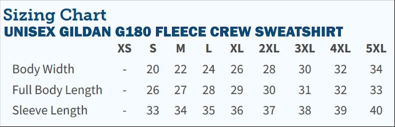 Unisex Crew Sweatshirt Sizing Chart