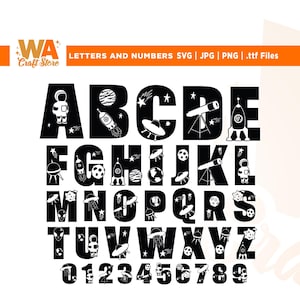 Space Alphabet SVG, Font SVG, Chiffres, Lettres, Vaisseau spatial, Astronaute, Système solaire, Planète, Police d’anniversaire, Garçons, Alien, Téléchargement instantané