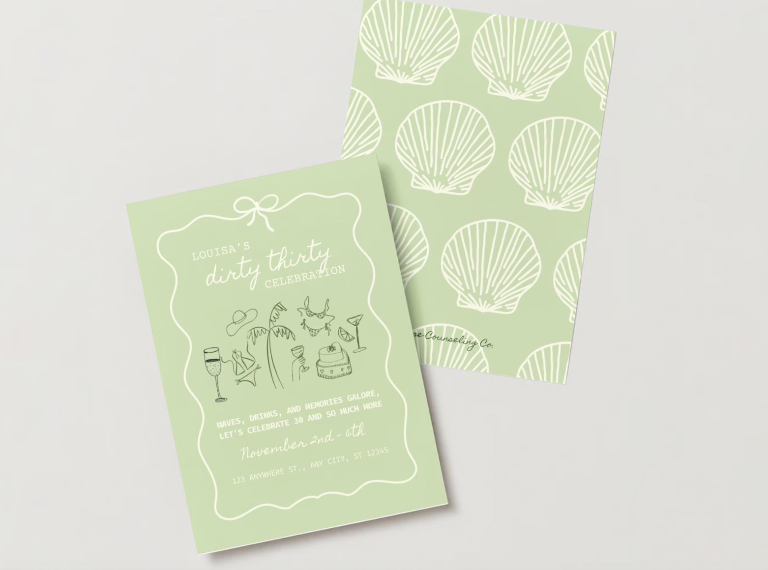 Modern 30th Whimsical Instant Download Birthday Digital invitation, Beach Weekend, Dirty Thirty, Canva Template, Hand Drawn