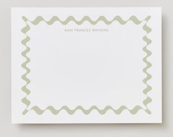 Modern Preppy Personalized Digital Download Stationery, Whimsy, Wavy Border, Green Stationery, Notecards