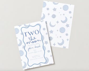 Two The Moon Blue Birthday Party Invitation, Instant Download Editable Canva Template, Customizable, Space Themed Birthday