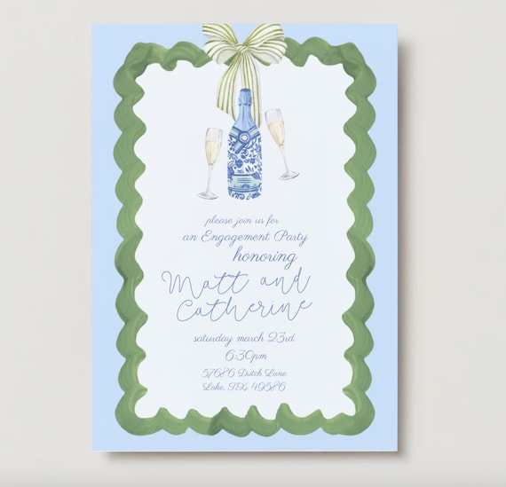 Engagement Party Preppy Coastal Painted Digital Invitation, Painted Champagne Bottle Invite, Instant Download Invitation, Editable