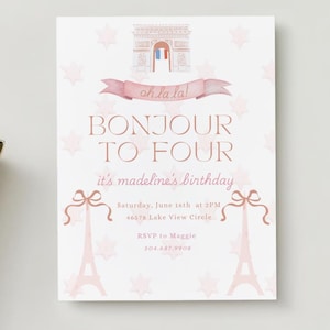 Personalized French Themed Invitation, Bonjour to Four, Preppy Paris Invite, Parisian Party, France Themed Party, Birthday Digital