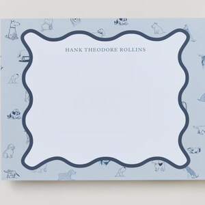 Personalized Boys Stationery Notecards, Dogs, Modern Preppy, Blue Notecards, Wavy Border