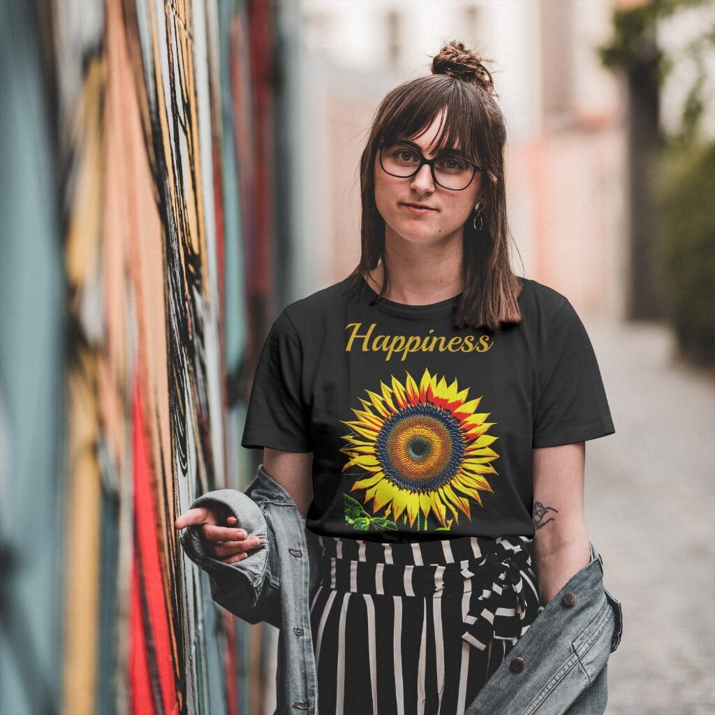 Happiness and Retro Sunflower T-shirt - (Black T-Shirt) - Women's T-shirt