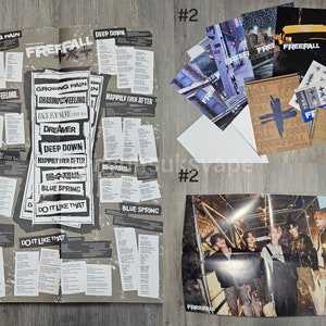 Puede incluir: Colecci&oacute;n de merchandising con tem&aacute;tica musical, que incluye un p&oacute;ster grande con una foto de grupo y la palabra "FREEFALL". Otros art&iacute;culos incluyen carteles m&aacute;s peque&ntilde;os, tarjetas y pegatinas. Los art&iacute;culos son en tonos grises, blancos y azules.