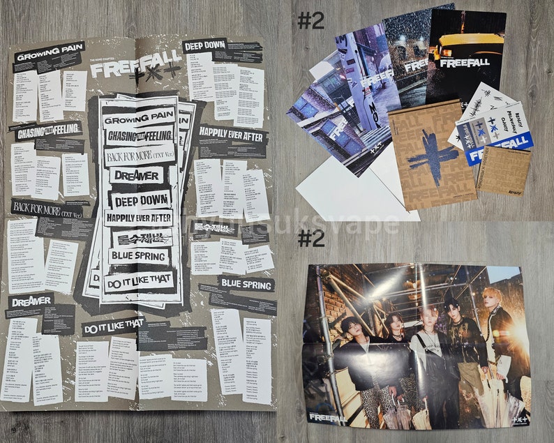 Puede incluir: Colecci&oacute;n de merchandising con tem&aacute;tica musical, que incluye un p&oacute;ster grande con una foto de grupo y la palabra "FREEFALL". Otros art&iacute;culos incluyen carteles m&aacute;s peque&ntilde;os, tarjetas y pegatinas. Los art&iacute;culos son en tonos grises, blancos y azules.