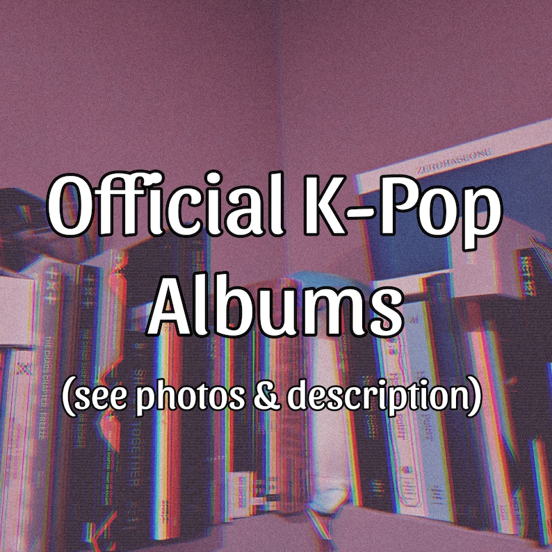 Puede incluir: Imagen de una colecci&oacute;n de &aacute;lbumes de K-Pop, con el texto "Official K-Pop Albums" en blanco y negrita. Los &aacute;lbumes est&aacute;n apilados en una estanter&iacute;a, con el texto "(ver fotos y descripci&oacute;n)" debajo. El fondo es morado.