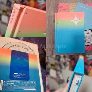 Puede incluir: Una colecci&oacute;n de &aacute;lbumes de K-pop, incluyendo "THE FIRST STEP: CHAPTER ONE" de TREASURE. Las portadas de los &aacute;lbumes presentan un degradado de colores, incluyendo rosa, azul y verde. El &aacute;lbum tambi&eacute;n incluye un CD y una tarjeta fotogr&aacute;fica.
