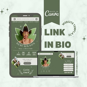 Può includere: Un modello di sito web verde e bianco con il testo "Keri Wilson UGC Creator" e "Get in touch". Il modello è progettato per un influencer o un creatore di contenuti sui social media e include una sezione di collegamento in bio. Il modello è completamente personalizzabile ed è realizzato con Canva.
