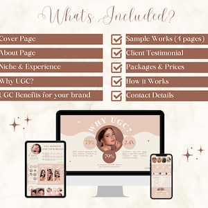 May include: A checklist of what's included in a User Generated Content (UGC) package. The checklist includes items like a cover page, about page, niche and experience, why UGC, UGC benefits for your brand, sample works, client testimonial, packages and prices, how it works, and contact details. The image also includes a computer screen with a presentation about UGC, showing statistics like 73%, 79%, and 2.4X.