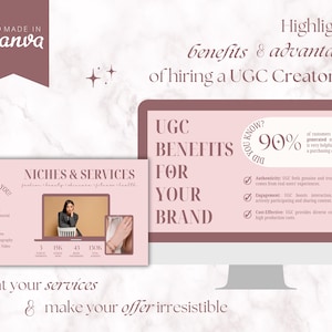 May include: A pink and brown graphic design template with the text "Highlight benefits & advantages of hiring a UGC Creator". The template includes a pink computer screen with the text "UGC BENEFITS FOR YOUR BRAND" and a pink and brown circle with the text "Did you know? 90%". The template also includes a pink and brown rectangle with the text "NICHES & SERVICES" and a list of services. The template is designed to help businesses understand the benefits of using user-generated content (UGC).
