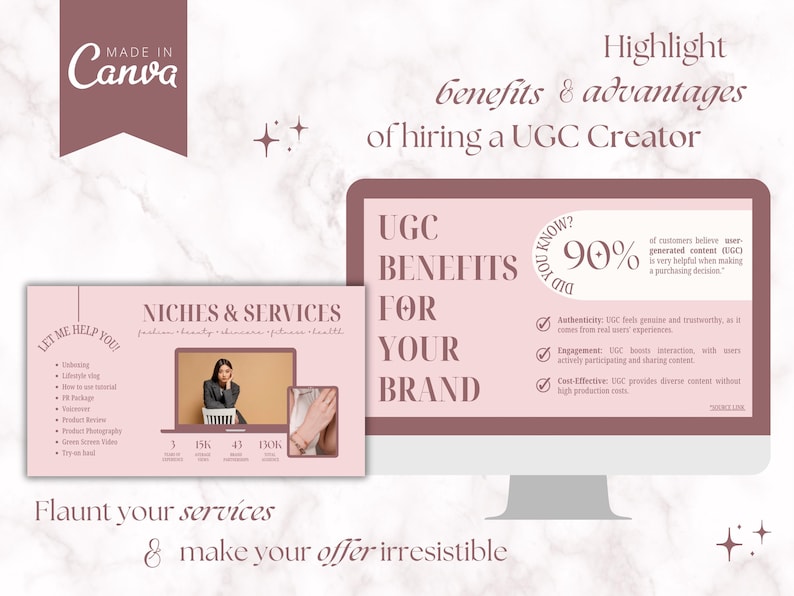 May include: A pink and brown graphic design template with the text "Highlight benefits & advantages of hiring a UGC Creator". The template includes a pink computer screen with the text "UGC BENEFITS FOR YOUR BRAND" and a pink and brown circle with the text "Did you know? 90%". The template also includes a pink and brown rectangle with the text "NICHES & SERVICES" and a list of services. The template is designed to help businesses understand the benefits of using user-generated content (UGC).