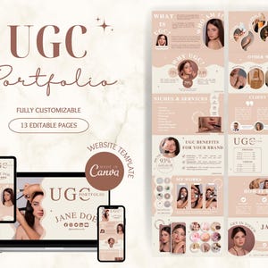 May include: A website template for a UGC portfolio, featuring a pink and brown colour scheme with a modern design. The template includes sections for "What is UGC?", "Why UGC?", "Niches & Services", "UGC Benefits for Your Brand", "My Works", "How It Works", "Get in Touch", and "Client Love". The template is made in Canva and is fully customisable with 13 editable pages.