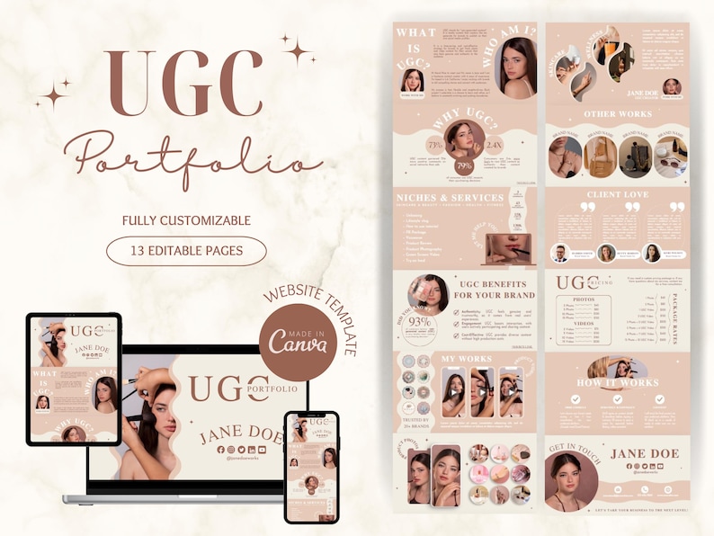May include: A website template for a UGC portfolio, featuring a pink and brown color scheme with a modern design. The template includes sections for "What is UGC?", "Why UGC?", "Niches & Services", "UGC Benefits for Your Brand", "My Works", "How It Works", "Get in Touch", and "Client Love". The template is made in Canva and is fully customizable with 13 editable pages.