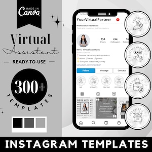 May include: A digital marketing graphic promoting Instagram templates for virtual assistants. The design features a smartphone displaying a profile, with icons for prices, testimonials, services, and freebies. Text includes "Virtual Assistant" and "300+ Templates."
