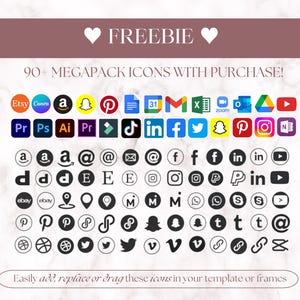 May include: A collection of 90+ social media and app icons in black and white circles. The icons include popular platforms like Etsy, Canva, Amazon, Pinterest, Instagram, Facebook, Twitter, TikTok, Zoom, and more. The text "FREEBIE" and "90+ MEGAPACK ICONS WITH PURCHASE!" is displayed at the top of the image.