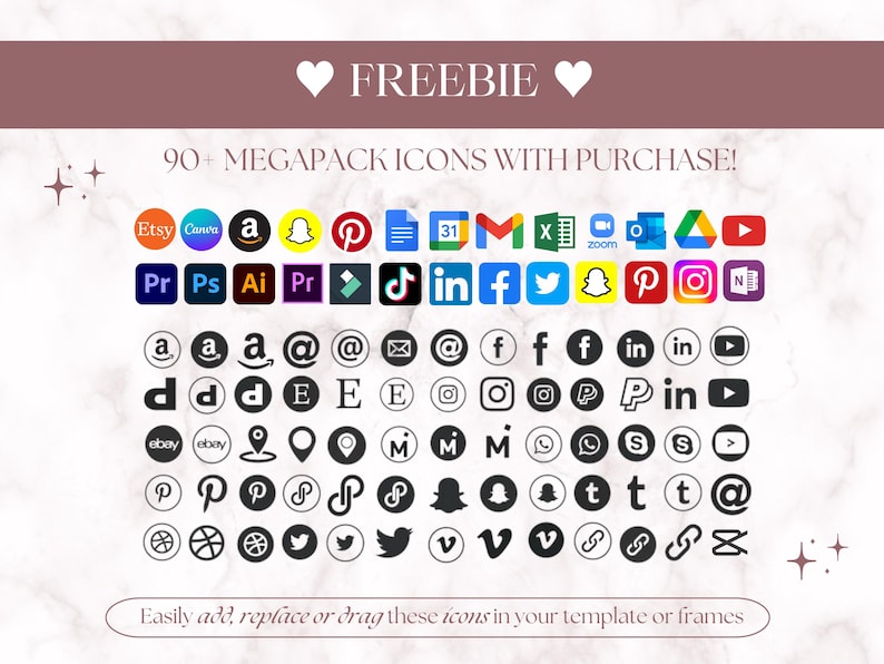 May include: A collection of 90+ social media and app icons in black and white circles. The icons include popular platforms like Etsy, Canva, Amazon, Pinterest, Instagram, Facebook, Twitter, TikTok, Zoom, and more. The text "FREEBIE" and "90+ MEGAPACK ICONS WITH PURCHASE!" is displayed at the top of the image.