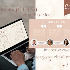 May include: A laptop computer displaying a pricing list for photos and videos. The list includes package rates for different quantities of photos and videos. The laptop is on a person's lap, and the person's hands are typing on the keyboard. The image also includes three customer testimonials with photos of the customers.