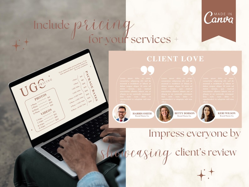 May include: A laptop computer displaying a pricing list for photos and videos. The list includes package rates for different quantities of photos and videos. The laptop is on a person's lap, and the person's hands are typing on the keyboard. The image also includes three customer testimonials with photos of the customers.