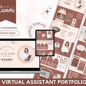 May include: A website template for virtual assistants, featuring a brown and beige colour scheme with a modern design. The template includes pages for a portfolio, testimonials, pricing, and more. The text "MADE IN Canva" and "FULLY CUSTOMIZABLE 12 EDITABLE PAGES" is displayed on the top left corner of the image.