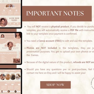 May include: A digital product listing for a Canva template. The listing includes a screenshot of the template, which is a pink and brown aesthetic with a photo of a woman in the center. The text on the listing says "IMPORTANT NOTES" and lists the details of the product. The text also says "SHOP NOW".