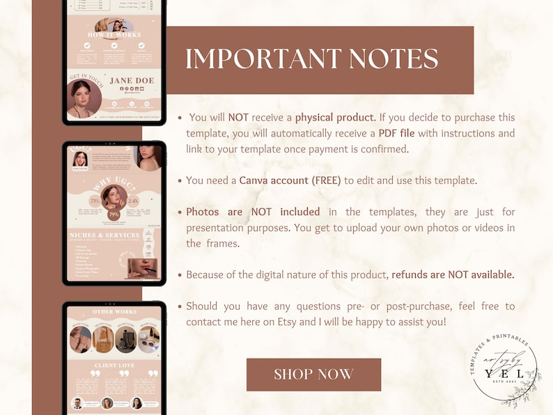 May include: A digital product listing for a Canva template. The listing includes a screenshot of the template, which is a pink and brown aesthetic with a photo of a woman in the center. The text on the listing says "IMPORTANT NOTES" and lists the details of the product. The text also says "SHOP NOW".