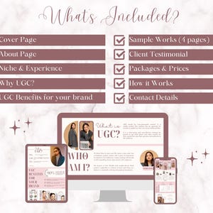 May include: A pink and white digital marketing guide with a checklist of what's included. The checklist includes items like "Cover Page", "About Page", "Niche & Experience", "Why UGC?", "UGC Benefits for your brand", "Sample Works (4 pages)", "Client Testimonial", "Packages & Prices", "How it Works", and "Contact Details". The guide also includes a section titled "What is UGC?" and a section titled "Who Am I?"