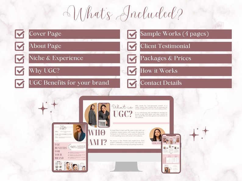 May include: A pink and white digital marketing guide with a checklist of what's included. The checklist includes items like "Cover Page", "About Page", "Niche & Experience", "Why UGC?", "UGC Benefits for your brand", "Sample Works (4 pages)", "Client Testimonial", "Packages & Prices", "How it Works", and "Contact Details". The guide also includes a section titled "What is UGC?" and a section titled "Who Am I?"