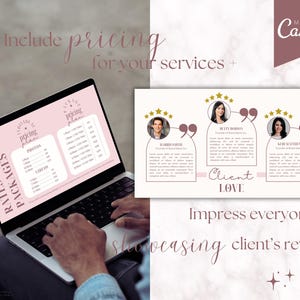 May include: A laptop computer displaying a pricing plan for services. The screen shows a pink and white pricing table with the words "Rates & Packages" and "Pricing Plan". The laptop is on a person's lap, and the background shows a white surface with the words "Include pricing for your services +" and "Made in Canva".