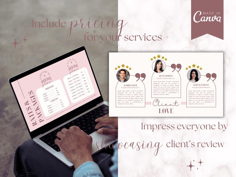 May include: A laptop computer displaying a pricing plan for services. The screen shows a pink and white pricing table with the words "Rates & Packages" and "Pricing Plan". The laptop is on a person's lap, and the background shows a white surface with the words "Include pricing for your services +" and "Made in Canva".