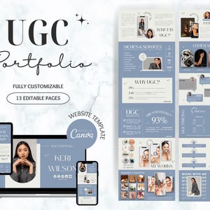May include: A website template for a user-generated content (UGC) portfolio. The template is made in Canva and features a blue and white colour scheme. The template includes sections for niches and services, why UGC, UGC benefits, pricing, client love, how it works, and work with me. The template also includes a section for the creator's portfolio, which features a variety of images and videos.