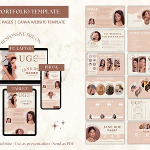 May include: A pink and beige Canva website template for a UGC portfolio. The template includes 13 editable pages and is responsive for different screen sizes. The template features a woman's face and the text "UGC Portfolio" and "Jane Doe".