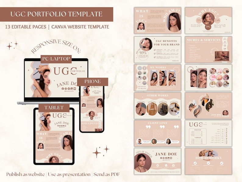 May include: A pink and beige Canva website template for a UGC portfolio. The template includes 13 editable pages and is responsive for different screen sizes. The template features a woman's face and the text "UGC Portfolio" and "Jane Doe".