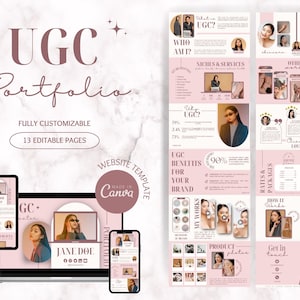 Puede incluir: Una plantilla de sitio web rosa y blanca para un portafolio de UGC. La plantilla incluye páginas para "¿Quién soy yo?", "Nichos y servicios", "¿Por qué UGC?", "Beneficios de UGC para tu marca", "Mis trabajos", "Fotos de productos", "Tarifas y paquetes", "No funciona", y "Ponte en contacto".