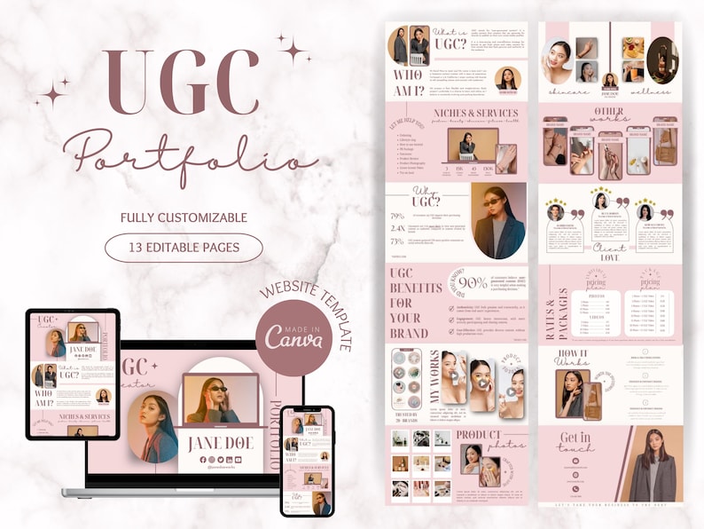 May include: A pink and white website template for a UGC portfolio. The template includes pages for "Who Am I?", "Niches & Services", "Why UGC?", "UGC Benefits for Your Brand", "My Works", "Product Photos", "Rates & Packages", "Don't Work", and "Get in Touch".