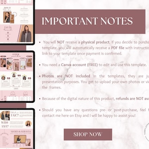 May include: A pink and white digital template for Canva with the text "IMPORTANT NOTES" in a large, bold font. The text below the heading includes information about the template, such as the fact that it is a digital product and that photos are not included. The template is for use with the Canva design platform.