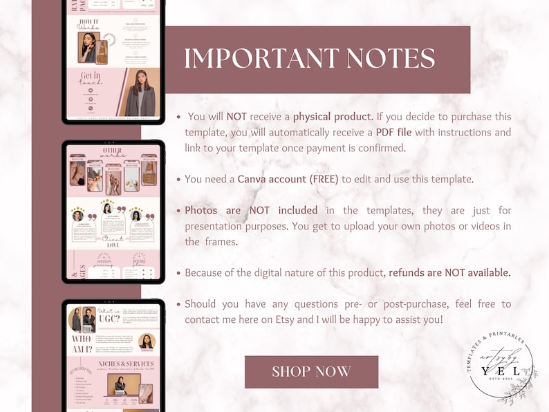 May include: A pink and white digital template for Canva with the text "IMPORTANT NOTES" in a large, bold font. The text below the heading includes information about the template, such as the fact that it is a digital product and that photos are not included. The template is for use with the Canva design platform.