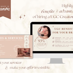 May include: A pink and white graphic with the text "NICHES & SERVICES" and a list of services. The graphic also includes the text "MADE IN Canva" and "Highlight benefits & advantages of hiring a UGC Creator". A laptop screen shows a graphic with the text "UGC BENEFITS FOR YOUR BRAND" and a list of benefits. The graphic also includes the text "DID YOU KNOW? 93%".