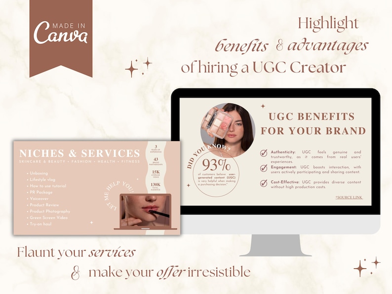 May include: A pink and white graphic with the text "NICHES & SERVICES" and a list of services. The graphic also includes the text "MADE IN Canva" and "Highlight benefits & advantages of hiring a UGC Creator". A laptop screen shows a graphic with the text "UGC BENEFITS FOR YOUR BRAND" and a list of benefits. The graphic also includes the text "DID YOU KNOW? 93%".