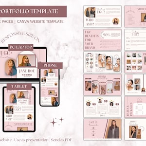 May include: A pink and brown Canva website template for a UGC creator portfolio. The template includes 13 editable pages and is responsive for PC, laptop, tablet, and phone. The template features a professional design with a modern aesthetic. The text on the template includes "UGC Portfolio Template", "13 Editable Pages", "Canva Website Template", "Responsive Size On", "PC/Laptop", "Tablet", "Phone", "Who Am I?", "What is UGC?", "UGC Benefits for Your Brand", "My Works", "Other Works", "Niches & Services", "Rates & Packages", "How It Works", "Get in Touch", "Publish as website", "Use as presentation", "Send as PDF".