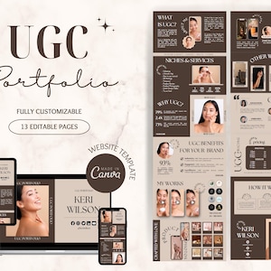 Può includere: Un modello di sito web per un portfolio UGC, con uno schema di colori marrone e beige, immagini di una donna e testo che dice "UGC Portfolio", "Cos'è l'UGC?", "Niche e servizi", "Perché l'UGC?", "Vantaggi dell'UGC per il tuo marchio", "I miei lavori", "Come funziona", "Amore dei clienti", "Prezzi UGC" e "Keri Wilson".