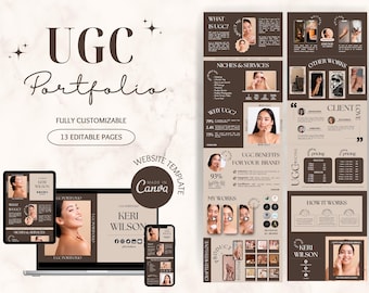 May include: A website template for a UGC portfolio, featuring a brown and beige color scheme with images of a woman and text that says "UGC Portfolio", "What is UGC?", "Niches & Services", "Why UGC?", "UCC Benefits for Your Brand", "My Works", "How It Works", "Client Love", "UGC Pricing", and "Keri Wilson".