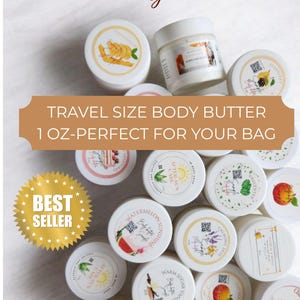 May include: An assortment of small, white travel-size body butter containers with various fruit and floral designs on the lids. The text "Mini Body Butters" and "Travel Size Body Butter" are visible. A gold "Best Seller" sticker is also present.
