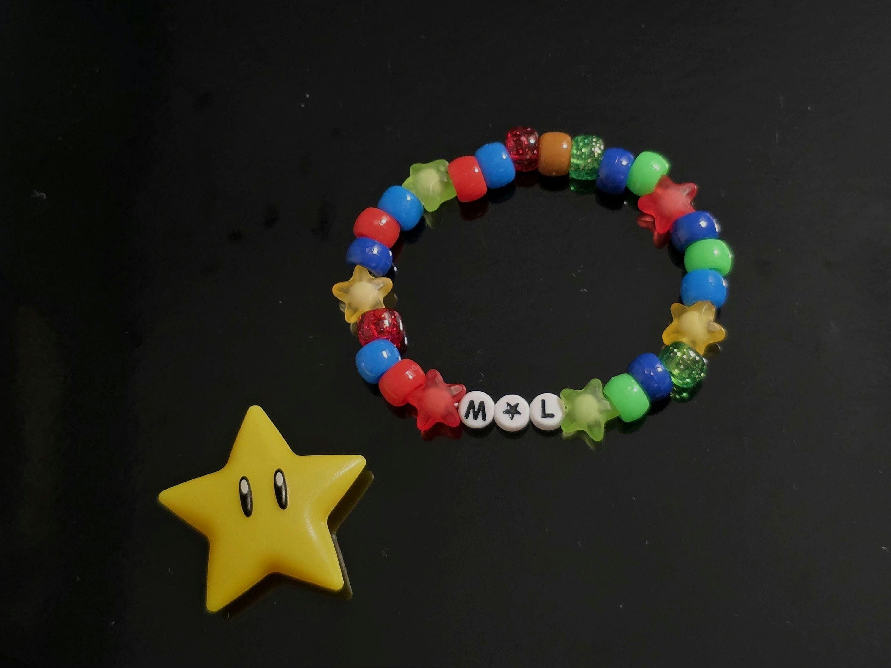 Super Mario Luigi-Inspired Red Green Sparkly Glitter Colorful Star Fun Video Game Character Kandi Made To Order Stretch Bracelet Custom Size