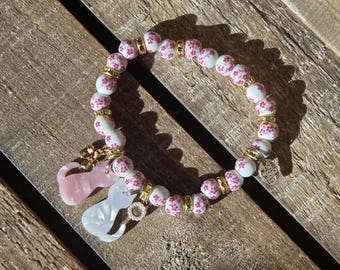 Cat Porcelain Rhinestone Charm Beaded Coquette Cottagecore Boutique Bracelet For Pet Owners & Animal Lovers