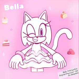 May include: A digital illustration of a white cat character named Bella, winking with one eye, wearing a ruffled dress and a pink wristband. The background is pink with small cake icons and the text Bella, Bella © Cynthia Original Character.