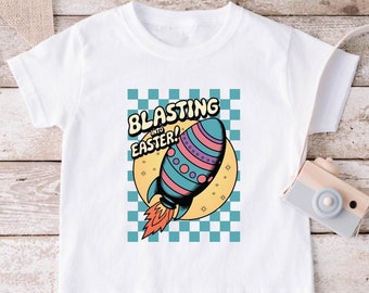 Blasting into Easter, Kids Easter Shirt - Blue Rocket Checkered Kids Retro TShirt - Easter Retro Natural, Toddler & Youth Tee. Easter kids.