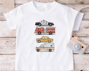 Emergency Vehicles Tee - Firetruck, Police Car, taxi car, Ambulance Shirt, Natural kids tshirt, youth summer tees. kids gift shirt.