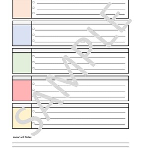 May include: A printable homework planner with five sections for different subjects. Each section has a colored box and lines for writing. The planner also has a space for important notes.